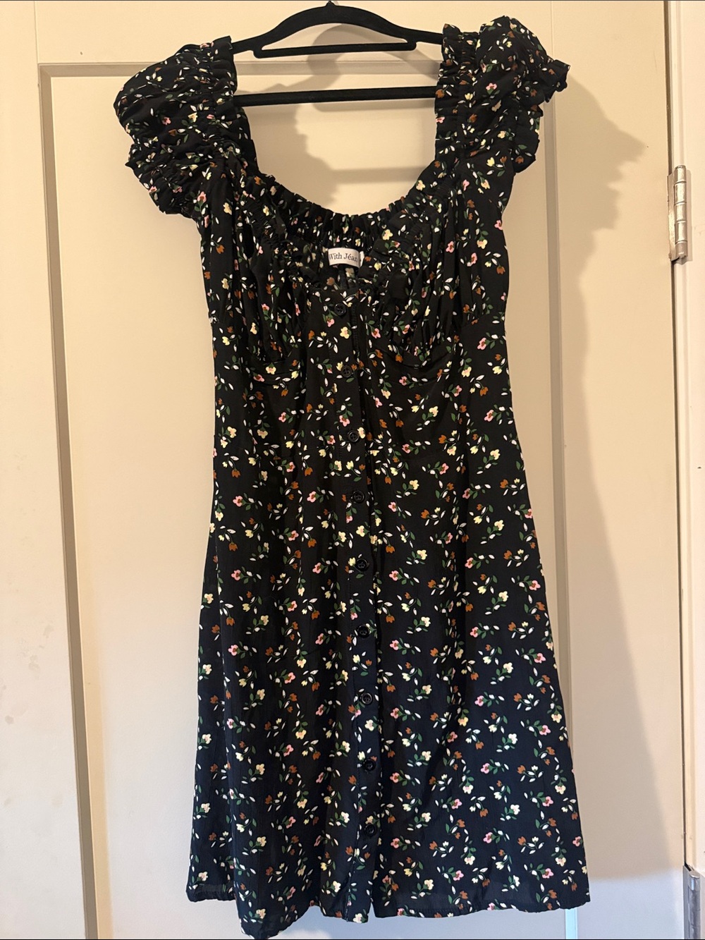 With Jean Black Floral Ruffle-Smock Casual Dress